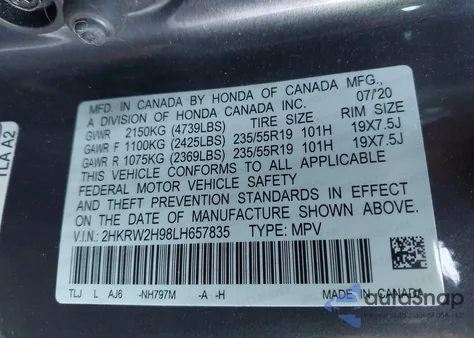 2020 Honda Cr-V Awd Touring из США, поврежденный, VIN 2HKRW2H98LH657835